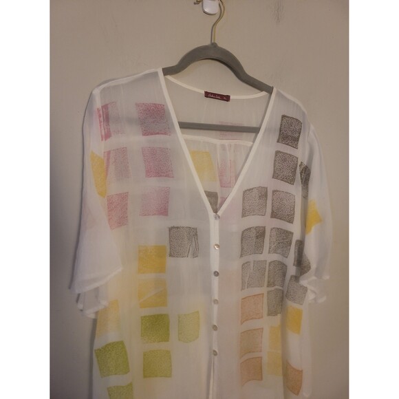 Barbara Lesser Ivory Sheer V-neck Top Sz XL Lagenlook Artsy Beachy - Picture 2 of 8